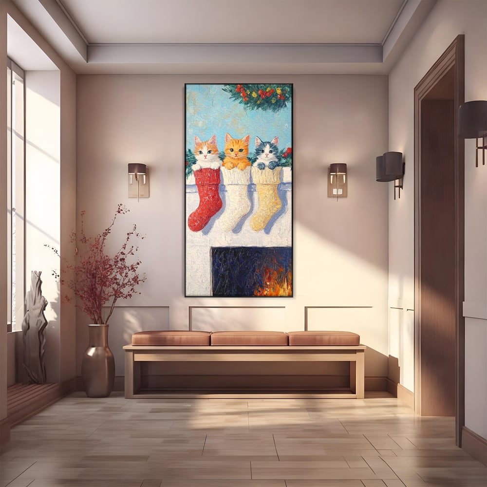 Tablou Canvas Premium LuxCanva® D1022, In asteptarea lui Mos Nicolae , Pisicute, Sosete, Semineu, Asteptare, Daruri, Living Room, Culori vibrante