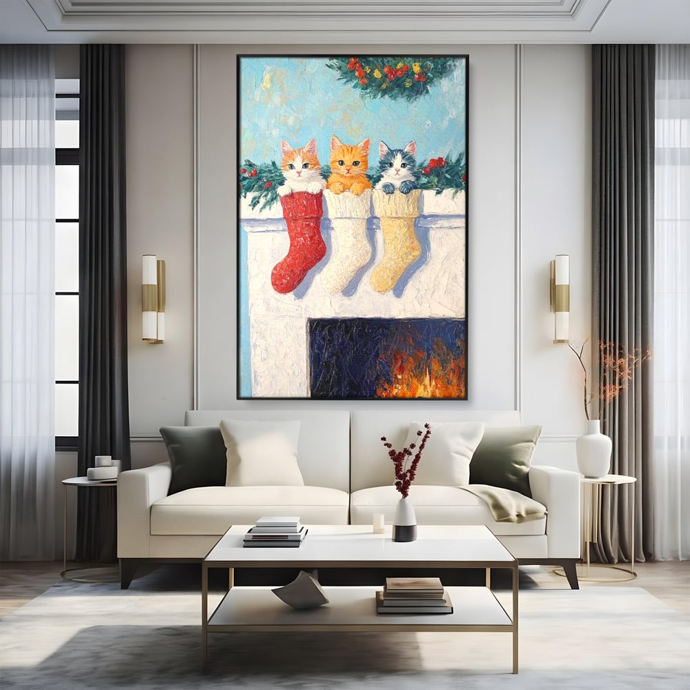 Tablou Canvas Premium LuxCanva® D1022, In asteptarea lui Mos Nicolae , Pisicute, Sosete, Semineu, Asteptare, Daruri, Living Room, Culori vibrante