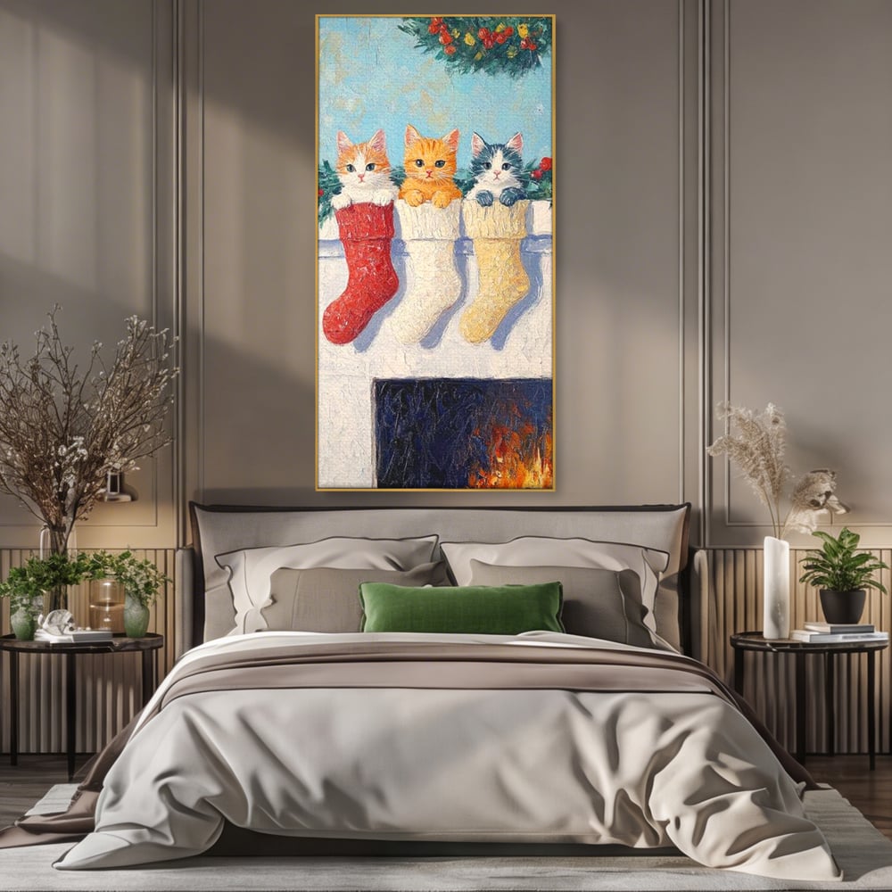 Tablou Canvas Premium LuxCanva® D1022, In asteptarea lui Mos Nicolae , Pisicute, Sosete, Semineu, Asteptare, Daruri, Living Room, Culori vibrante