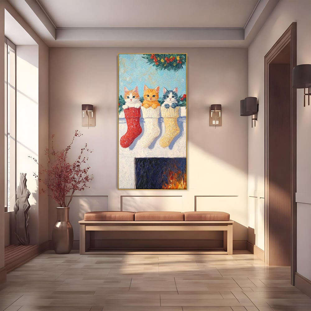 Tablou Canvas Premium LuxCanva® D1022, In asteptarea lui Mos Nicolae , Pisicute, Sosete, Semineu, Asteptare, Daruri, Living Room, Culori vibrante