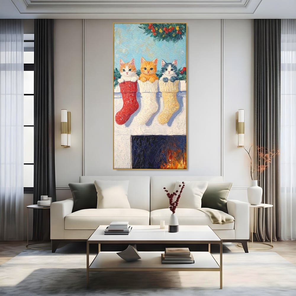 Tablou Canvas Premium LuxCanva® D1022, In asteptarea lui Mos Nicolae , Pisicute, Sosete, Semineu, Asteptare, Daruri, Living Room, Culori vibrante