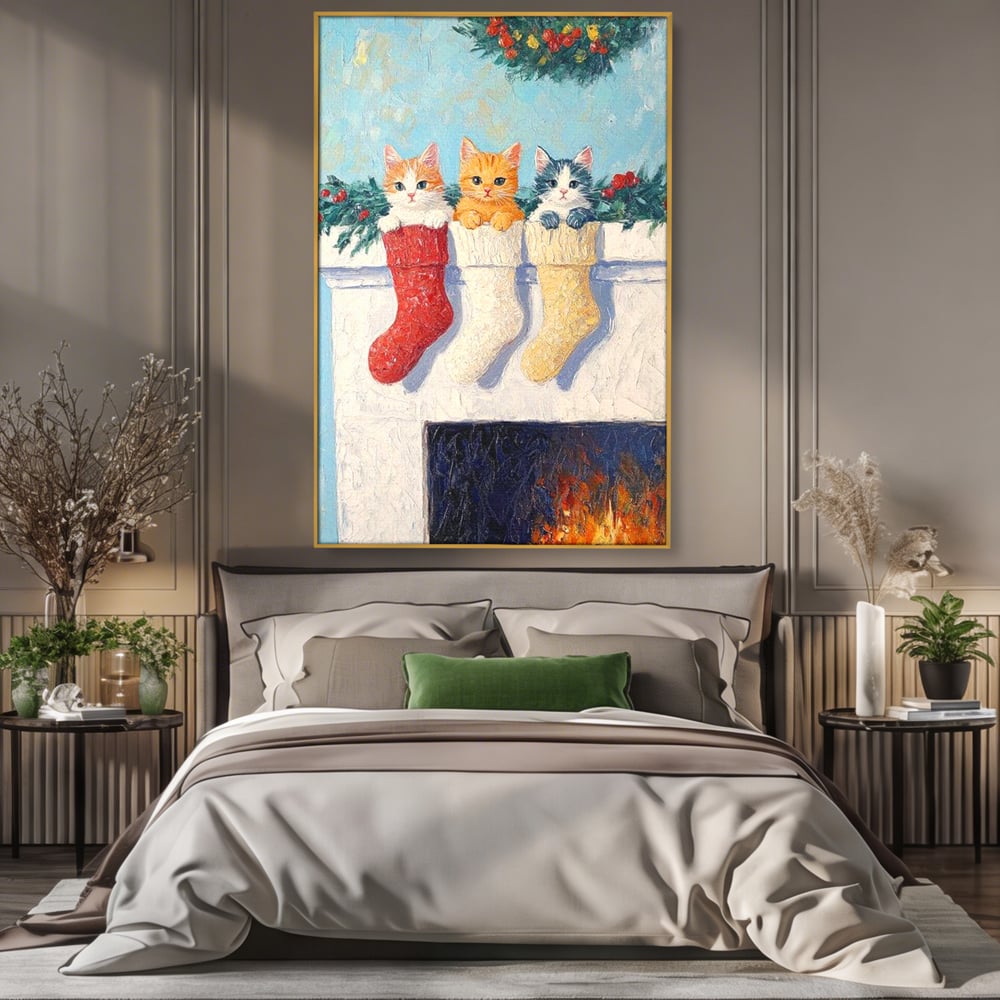 Tablou Canvas Premium LuxCanva® D1022, In asteptarea lui Mos Nicolae , Pisicute, Sosete, Semineu, Asteptare, Daruri, Living Room, Culori vibrante