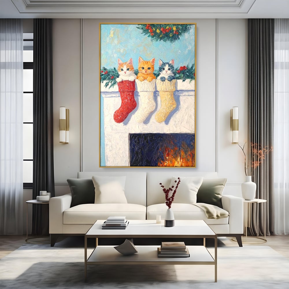 Tablou Canvas Premium LuxCanva® D1022, In asteptarea lui Mos Nicolae , Pisicute, Sosete, Semineu, Asteptare, Daruri, Living Room, Culori vibrante