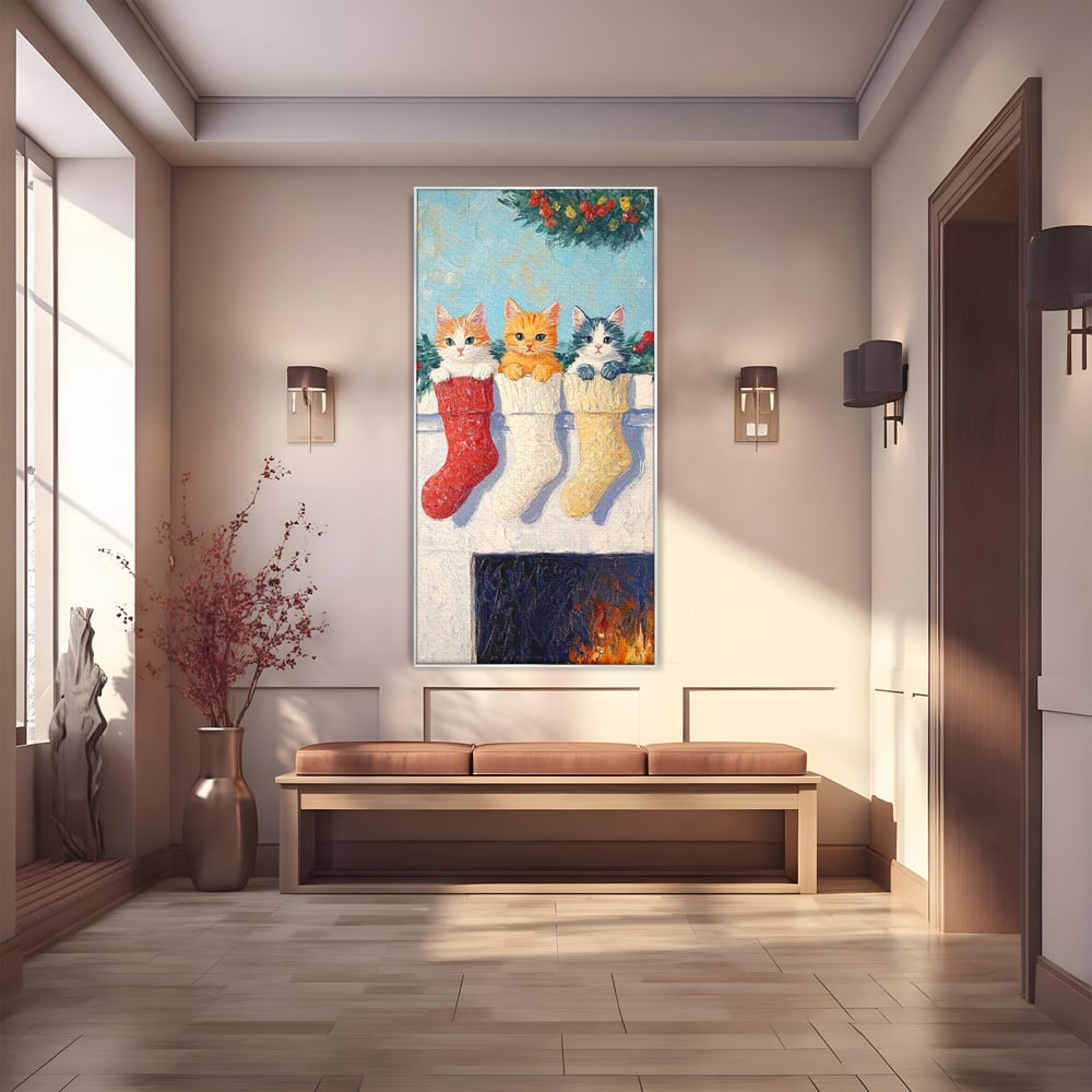 Tablou Canvas Premium LuxCanva® D1022, In asteptarea lui Mos Nicolae , Pisicute, Sosete, Semineu, Asteptare, Daruri, Living Room, Culori vibrante