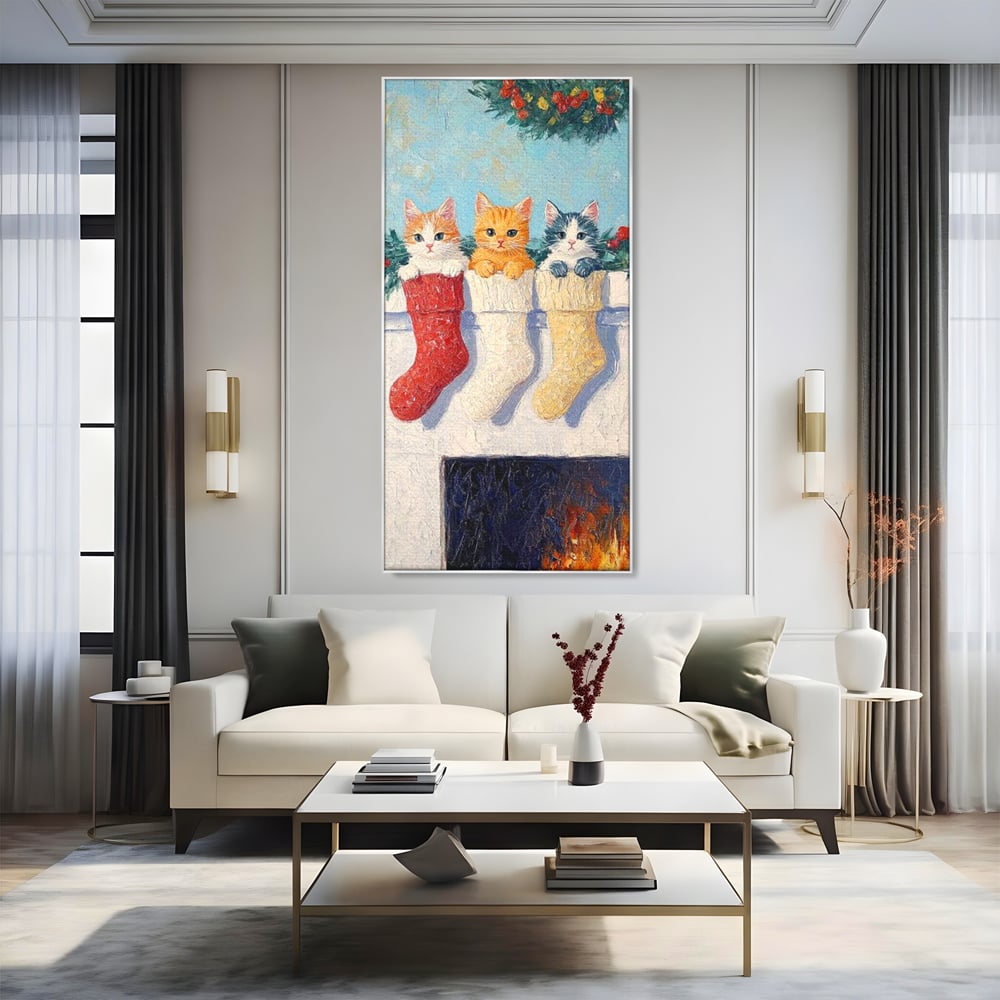 Tablou Canvas Premium LuxCanva® D1022, In asteptarea lui Mos Nicolae , Pisicute, Sosete, Semineu, Asteptare, Daruri, Living Room, Culori vibrante