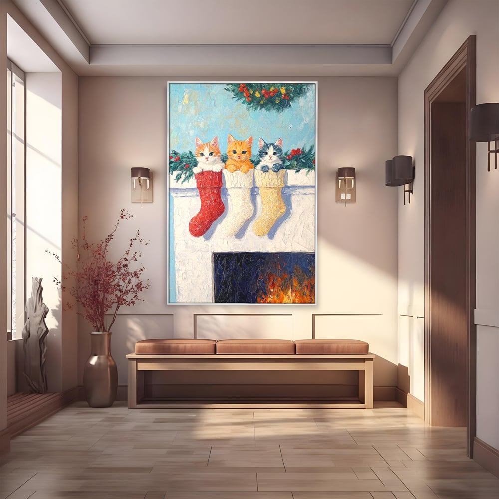 Tablou Canvas Premium LuxCanva® D1022, In asteptarea lui Mos Nicolae , Pisicute, Sosete, Semineu, Asteptare, Daruri, Living Room, Culori vibrante