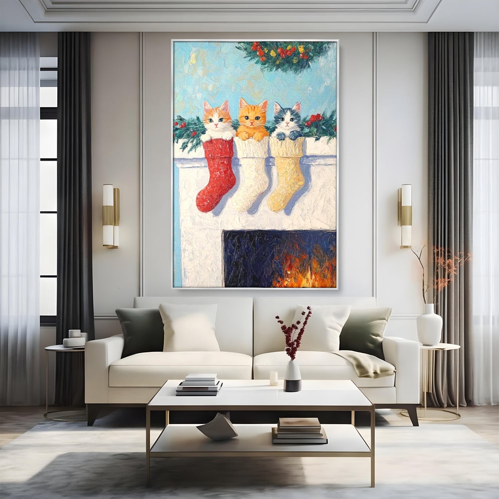 Tablou Canvas Premium LuxCanva® D1022, In asteptarea lui Mos Nicolae , Pisicute, Sosete, Semineu, Asteptare, Daruri, Living Room, Culori vibrante