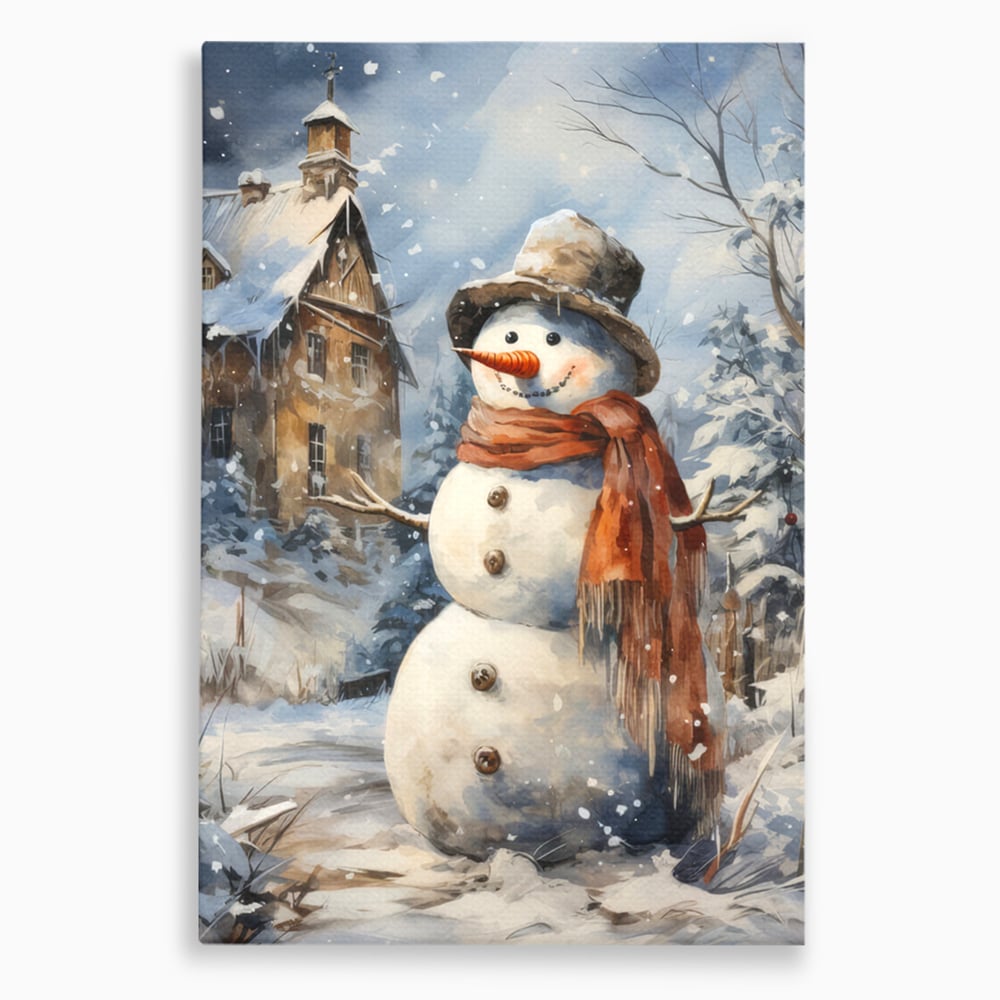 Tablou Canvas Premium LuxCanva® D1023, Zambetul Omului de Zapada , Fular, Palarie, SnowMan, Curte, Copii, Living Room, Culori vibrante