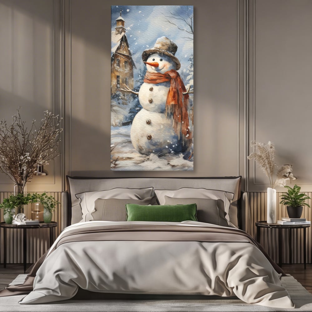 Tablou Canvas Premium LuxCanva® D1023, Zambetul Omului de Zapada , Fular, Palarie, SnowMan, Curte, Copii, Living Room, Culori vibrante