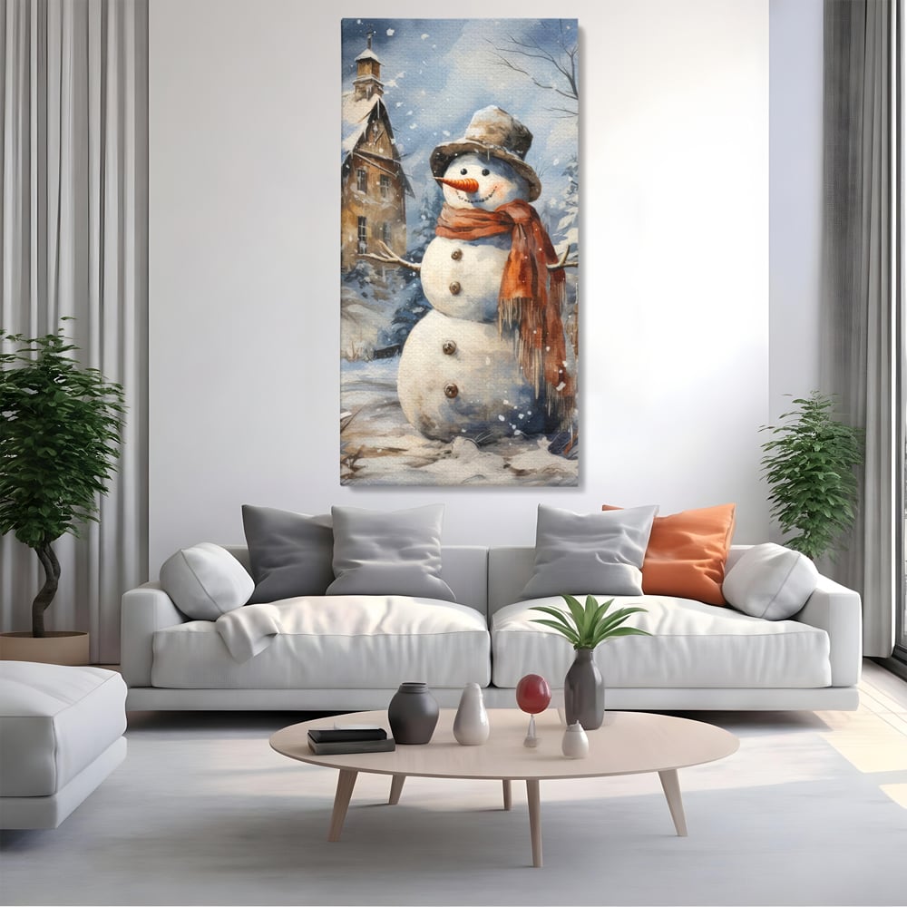 Tablou Canvas Premium LuxCanva® D1023, Zambetul Omului de Zapada , Fular, Palarie, SnowMan, Curte, Copii, Living Room, Culori vibrante