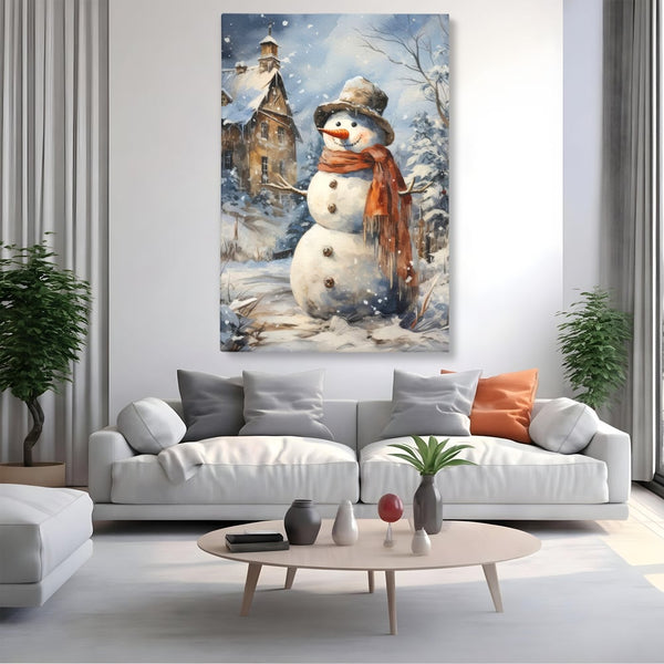 Tablou Canvas Premium LuxCanva® D1023, Zambetul Omului de Zapada , Fular, Palarie, SnowMan, Curte, Copii, Living Room, Culori vibrante