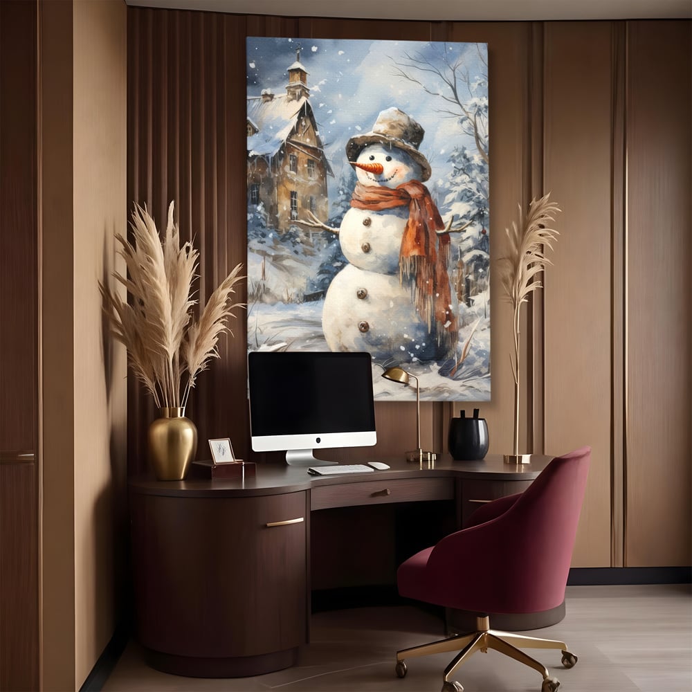 Tablou Canvas Premium LuxCanva® D1023, Zambetul Omului de Zapada , Fular, Palarie, SnowMan, Curte, Copii, Living Room, Culori vibrante