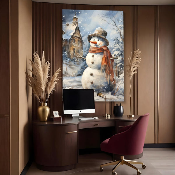 Tablou Canvas Premium LuxCanva® D1023, Zambetul Omului de Zapada , Fular, Palarie, SnowMan, Curte, Copii, Living Room, Culori vibrante