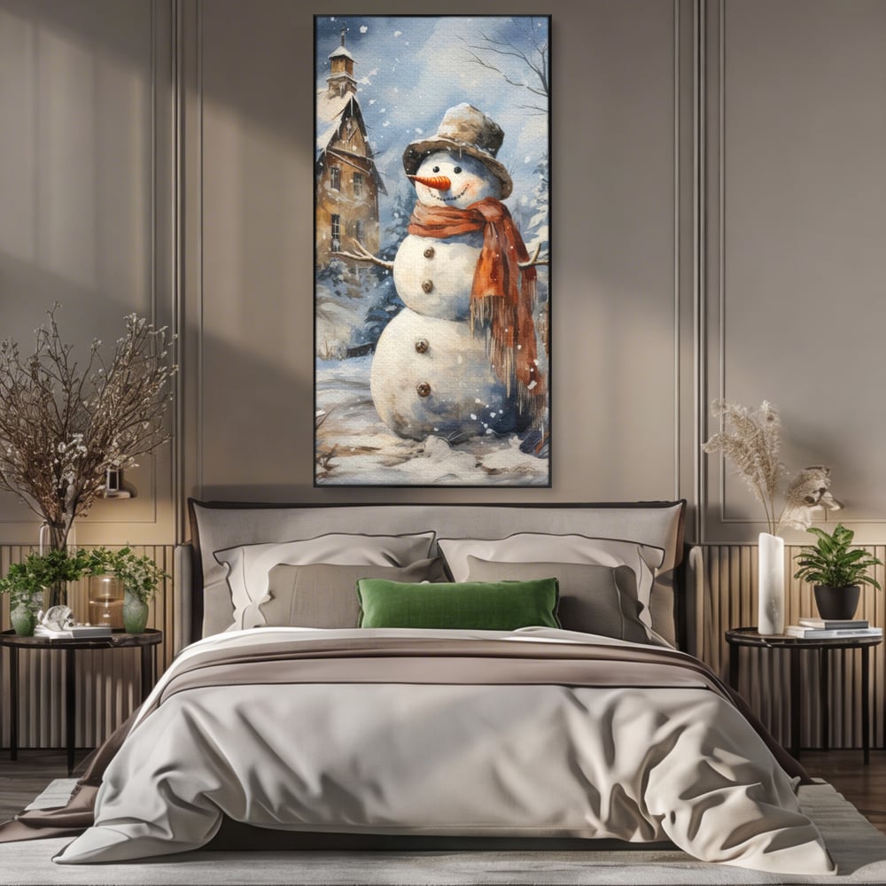 Tablou Canvas Premium LuxCanva® D1023, Zambetul Omului de Zapada , Fular, Palarie, SnowMan, Curte, Copii, Living Room, Culori vibrante