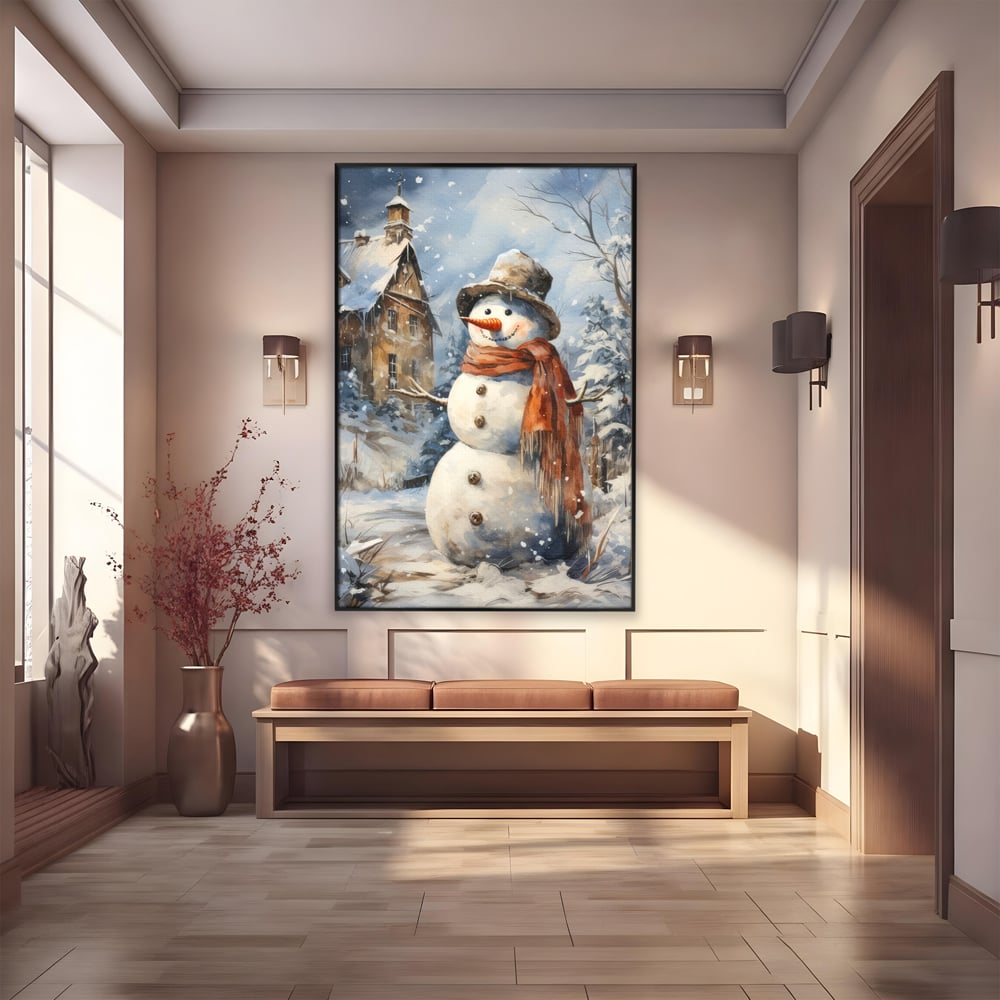 Tablou Canvas Premium LuxCanva® D1023, Zambetul Omului de Zapada , Fular, Palarie, SnowMan, Curte, Copii, Living Room, Culori vibrante