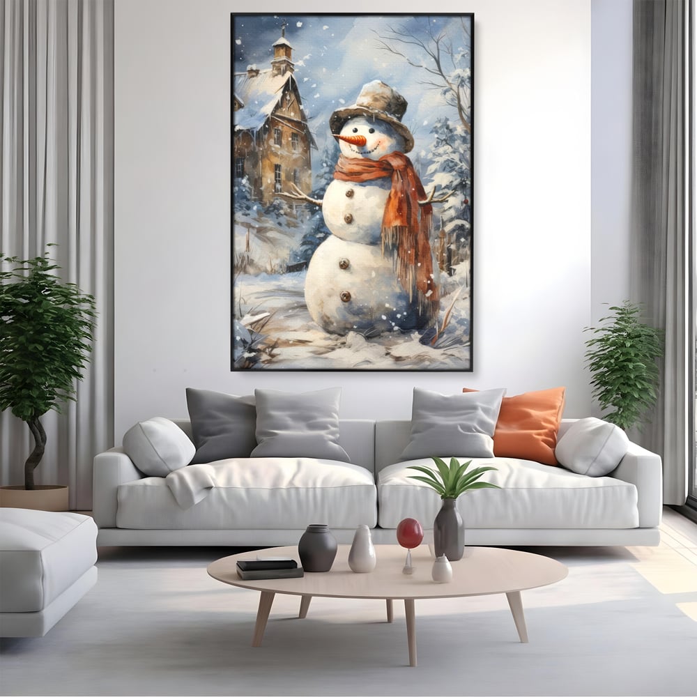 Tablou Canvas Premium LuxCanva® D1023, Zambetul Omului de Zapada , Fular, Palarie, SnowMan, Curte, Copii, Living Room, Culori vibrante