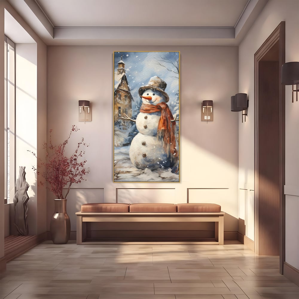 Tablou Canvas Premium LuxCanva® D1023, Zambetul Omului de Zapada , Fular, Palarie, SnowMan, Curte, Copii, Living Room, Culori vibrante