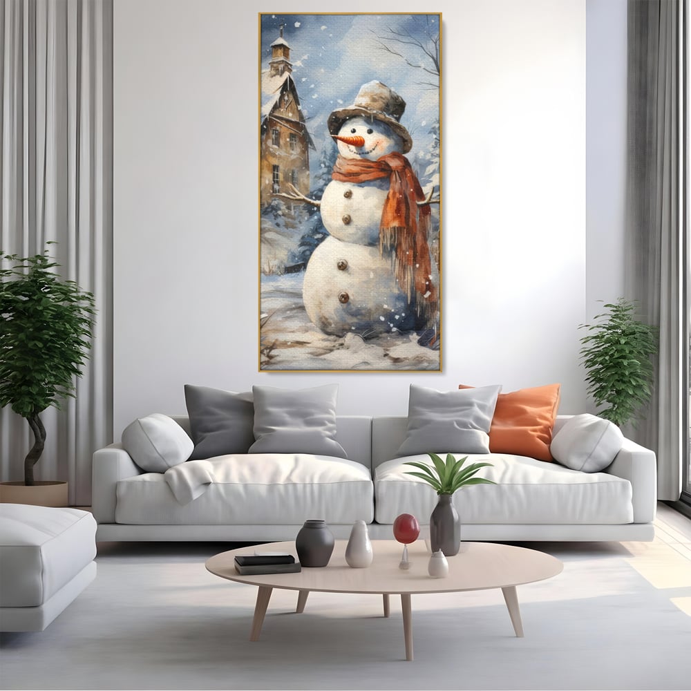 Tablou Canvas Premium LuxCanva® D1023, Zambetul Omului de Zapada , Fular, Palarie, SnowMan, Curte, Copii, Living Room, Culori vibrante