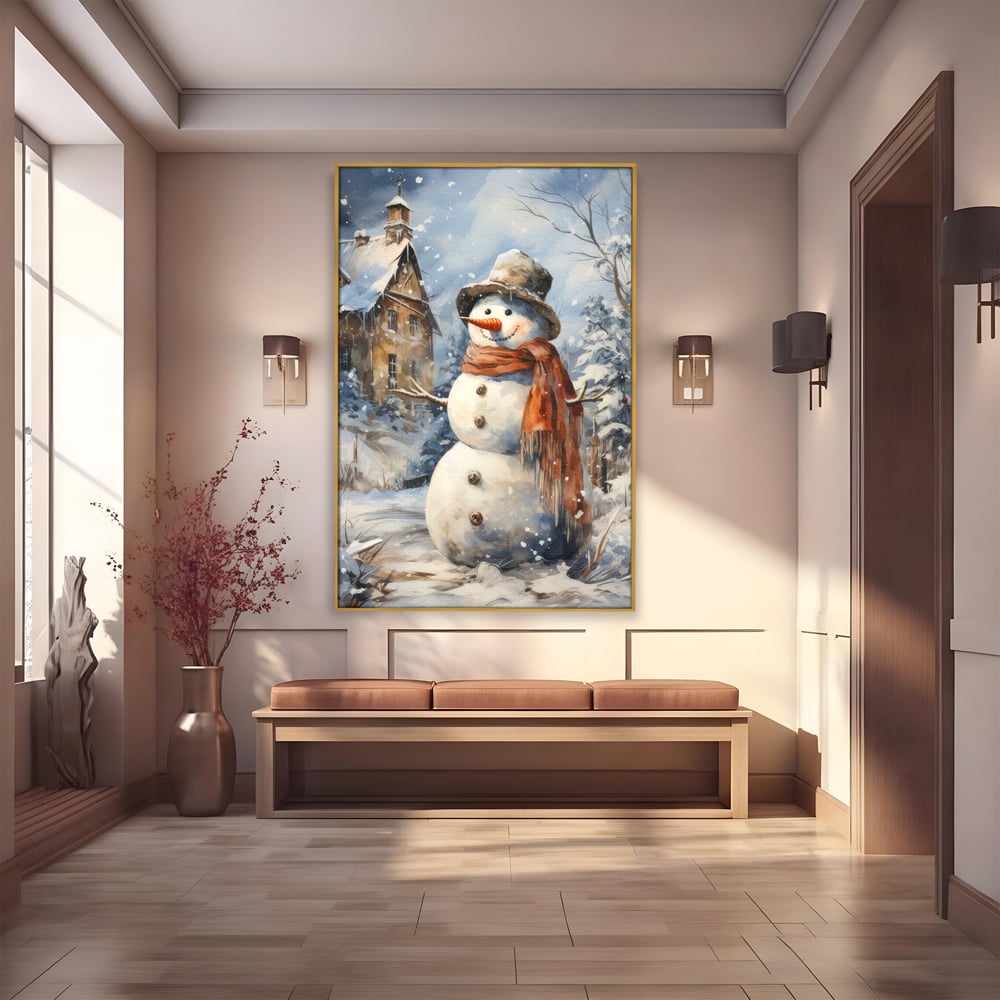 Tablou Canvas Premium LuxCanva® D1023, Zambetul Omului de Zapada , Fular, Palarie, SnowMan, Curte, Copii, Living Room, Culori vibrante