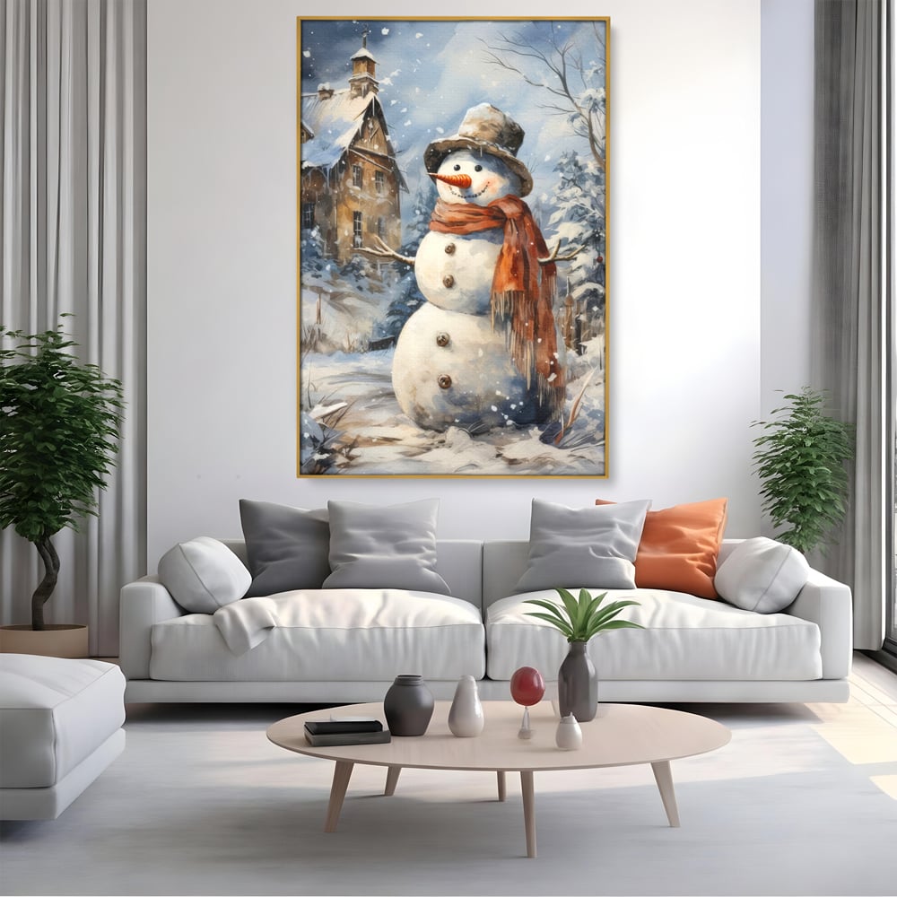 Tablou Canvas Premium LuxCanva® D1023, Zambetul Omului de Zapada , Fular, Palarie, SnowMan, Curte, Copii, Living Room, Culori vibrante