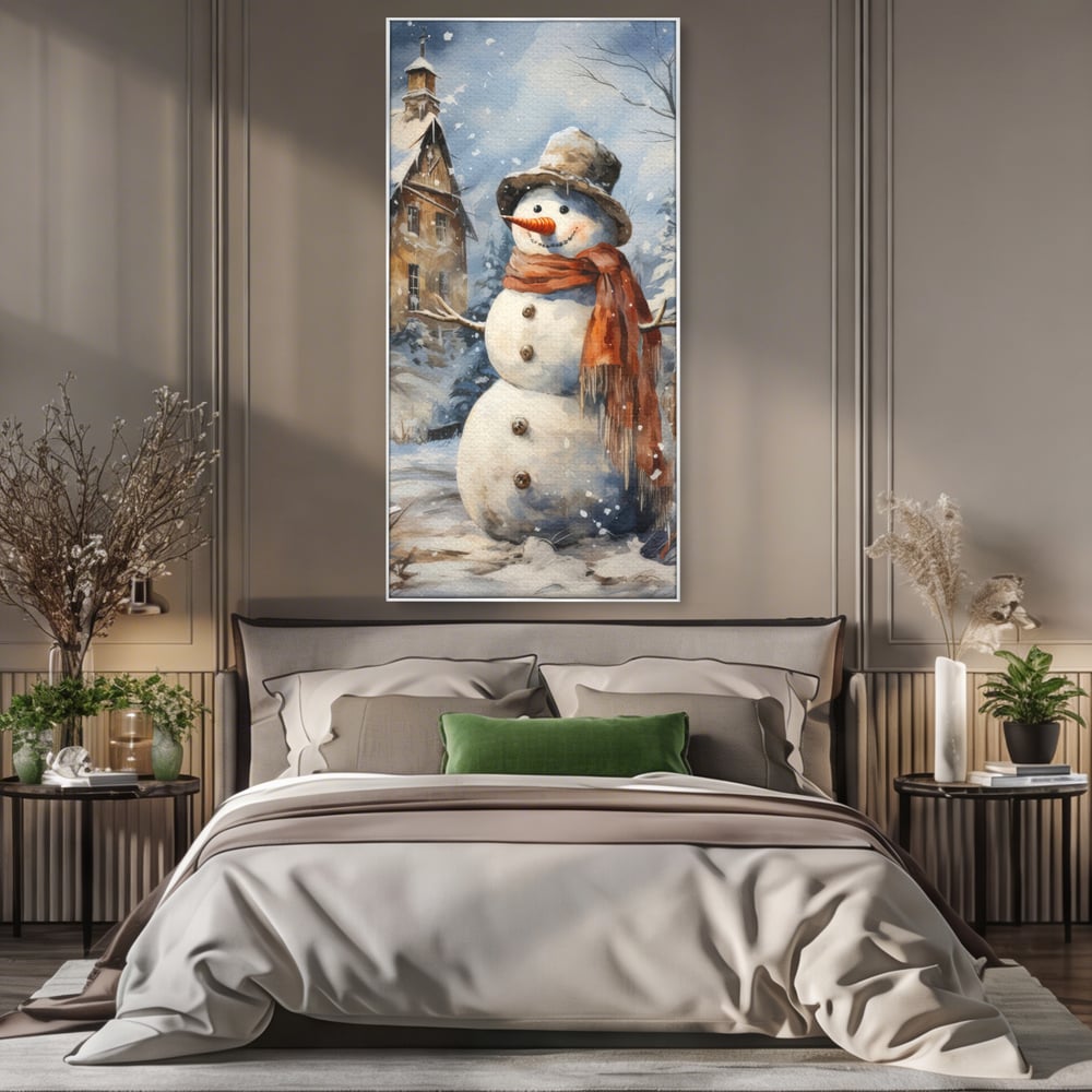 Tablou Canvas Premium LuxCanva® D1023, Zambetul Omului de Zapada , Fular, Palarie, SnowMan, Curte, Copii, Living Room, Culori vibrante
