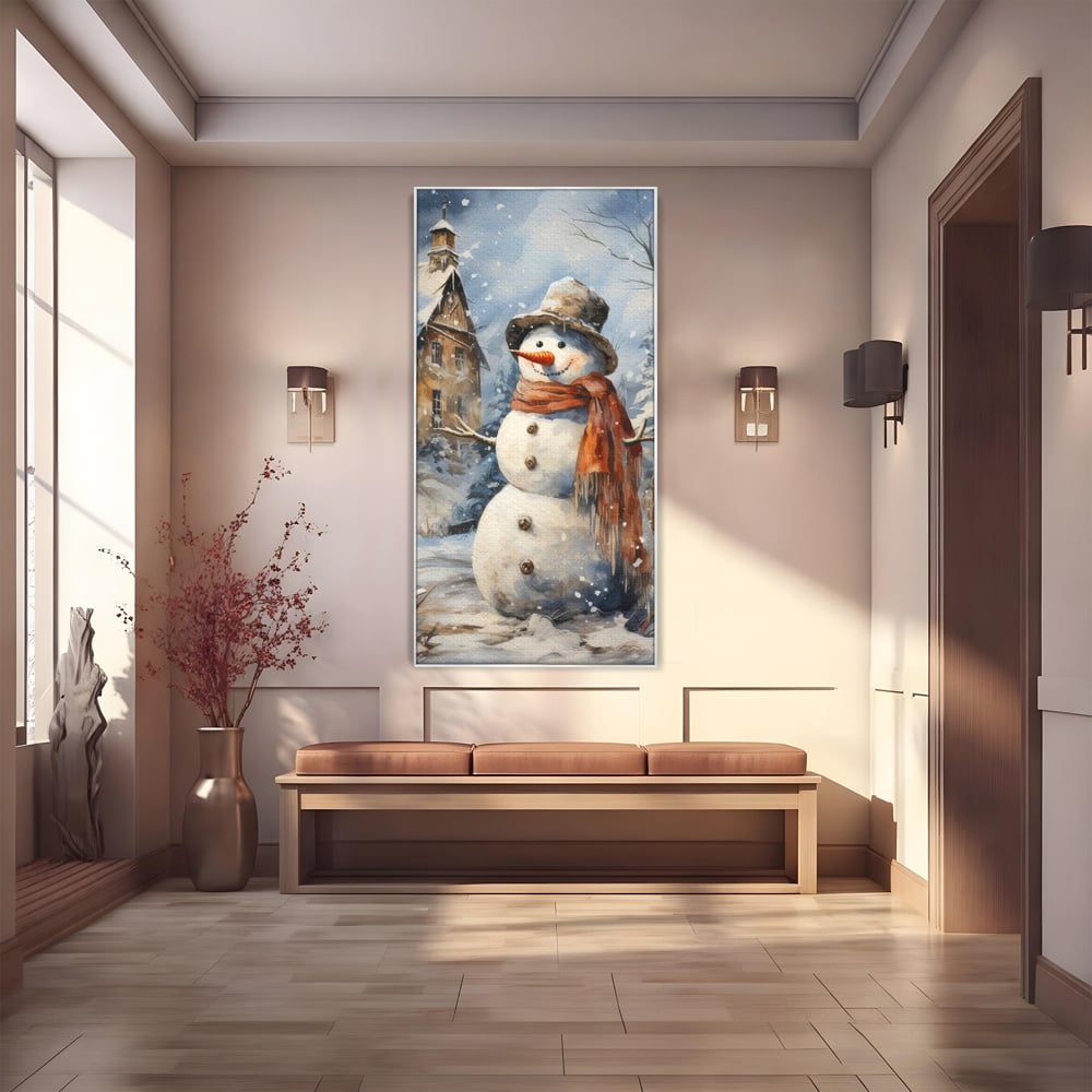 Tablou Canvas Premium LuxCanva® D1023, Zambetul Omului de Zapada , Fular, Palarie, SnowMan, Curte, Copii, Living Room, Culori vibrante