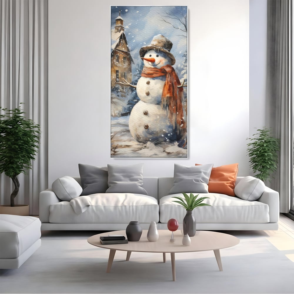 Tablou Canvas Premium LuxCanva® D1023, Zambetul Omului de Zapada , Fular, Palarie, SnowMan, Curte, Copii, Living Room, Culori vibrante