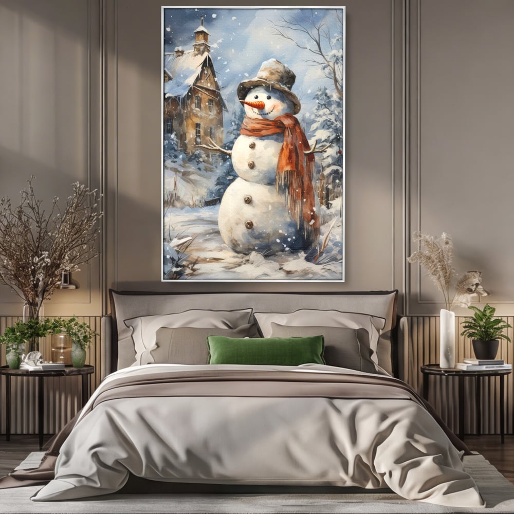 Tablou Canvas Premium LuxCanva® D1023, Zambetul Omului de Zapada , Fular, Palarie, SnowMan, Curte, Copii, Living Room, Culori vibrante