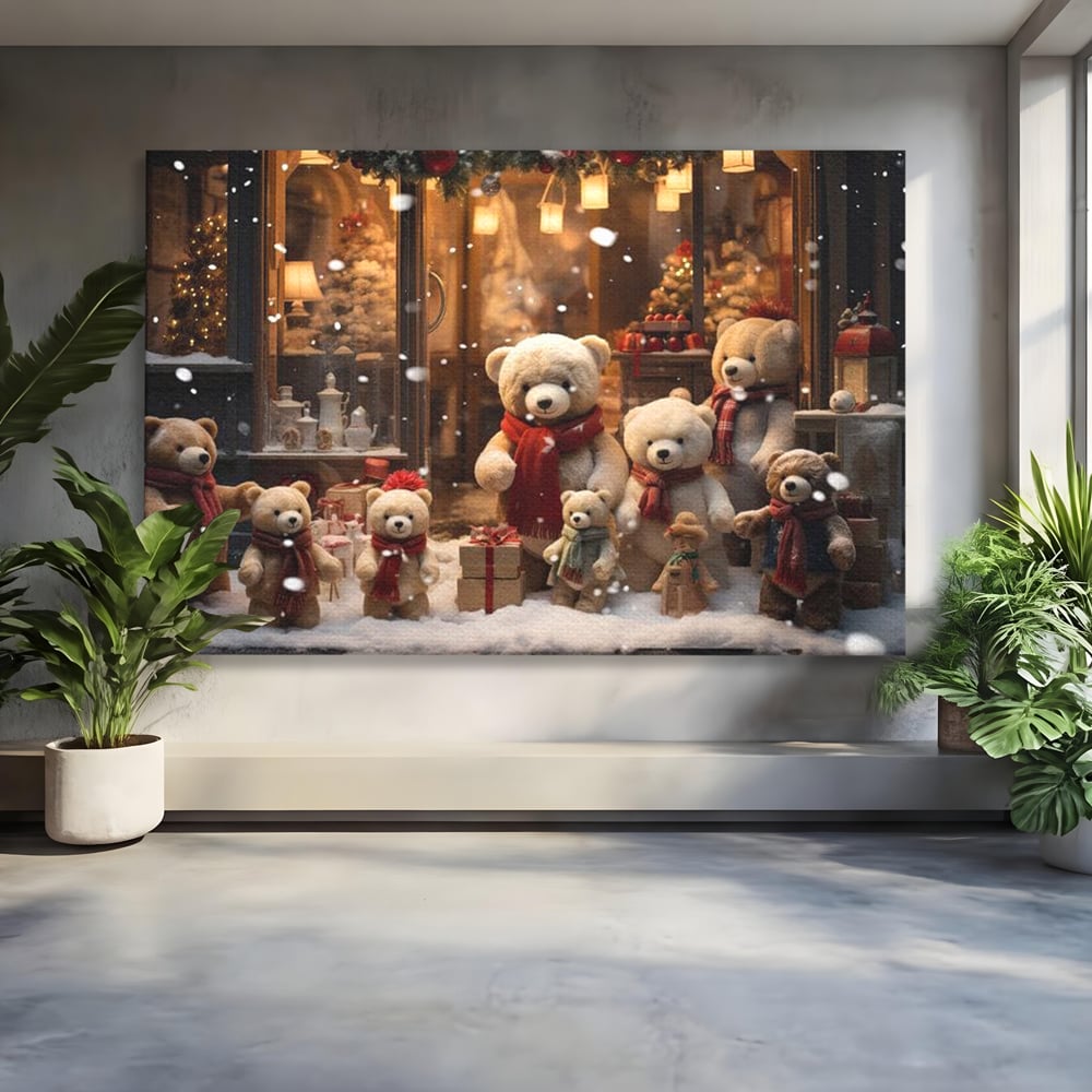 Tablou Canvas Premium LuxCanva® D1024, Craciunul Ursilor Polari , Ursi, Familie, Frati, Magazin, Felinare, Living Room, Culori vibrante