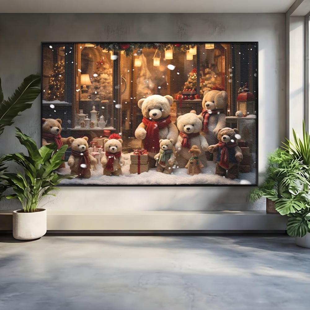 Tablou Canvas Premium LuxCanva® D1024, Craciunul Ursilor Polari , Ursi, Familie, Frati, Magazin, Felinare, Living Room, Culori vibrante