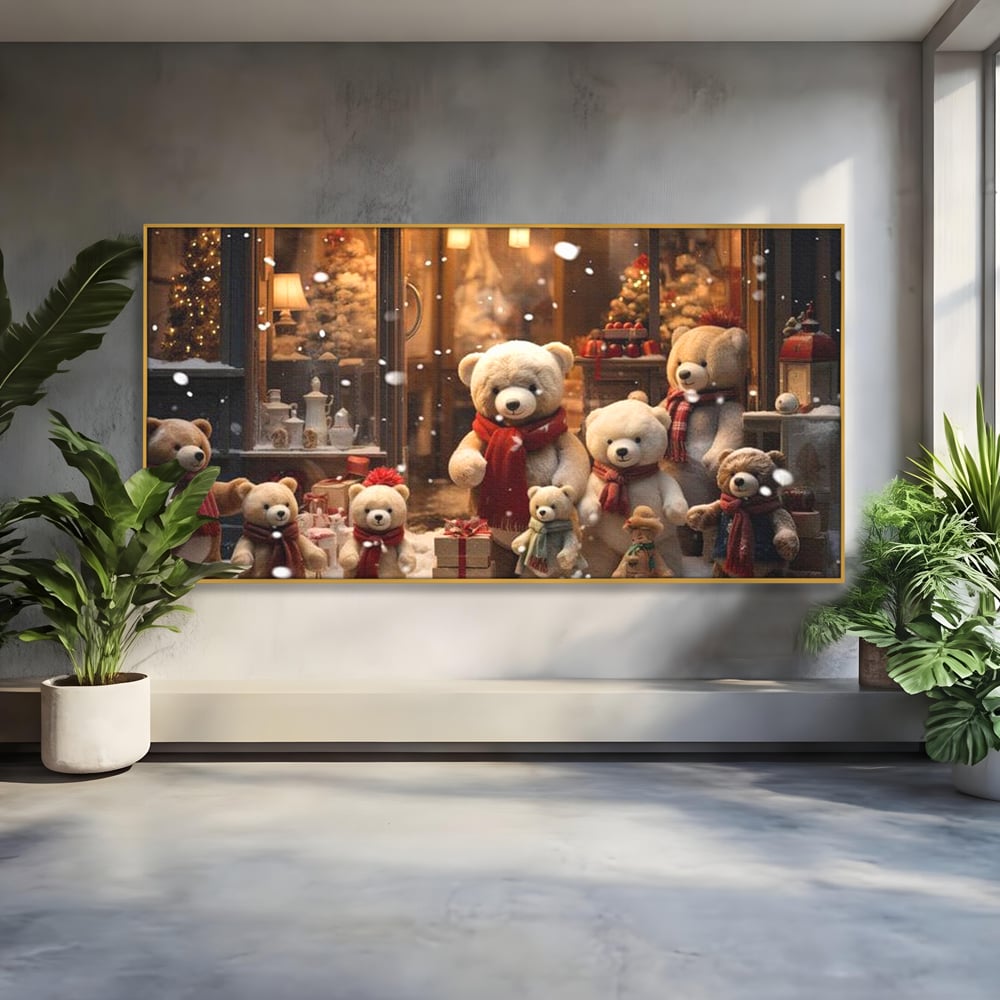 Tablou Canvas Premium LuxCanva® D1024, Craciunul Ursilor Polari , Ursi, Familie, Frati, Magazin, Felinare, Living Room, Culori vibrante