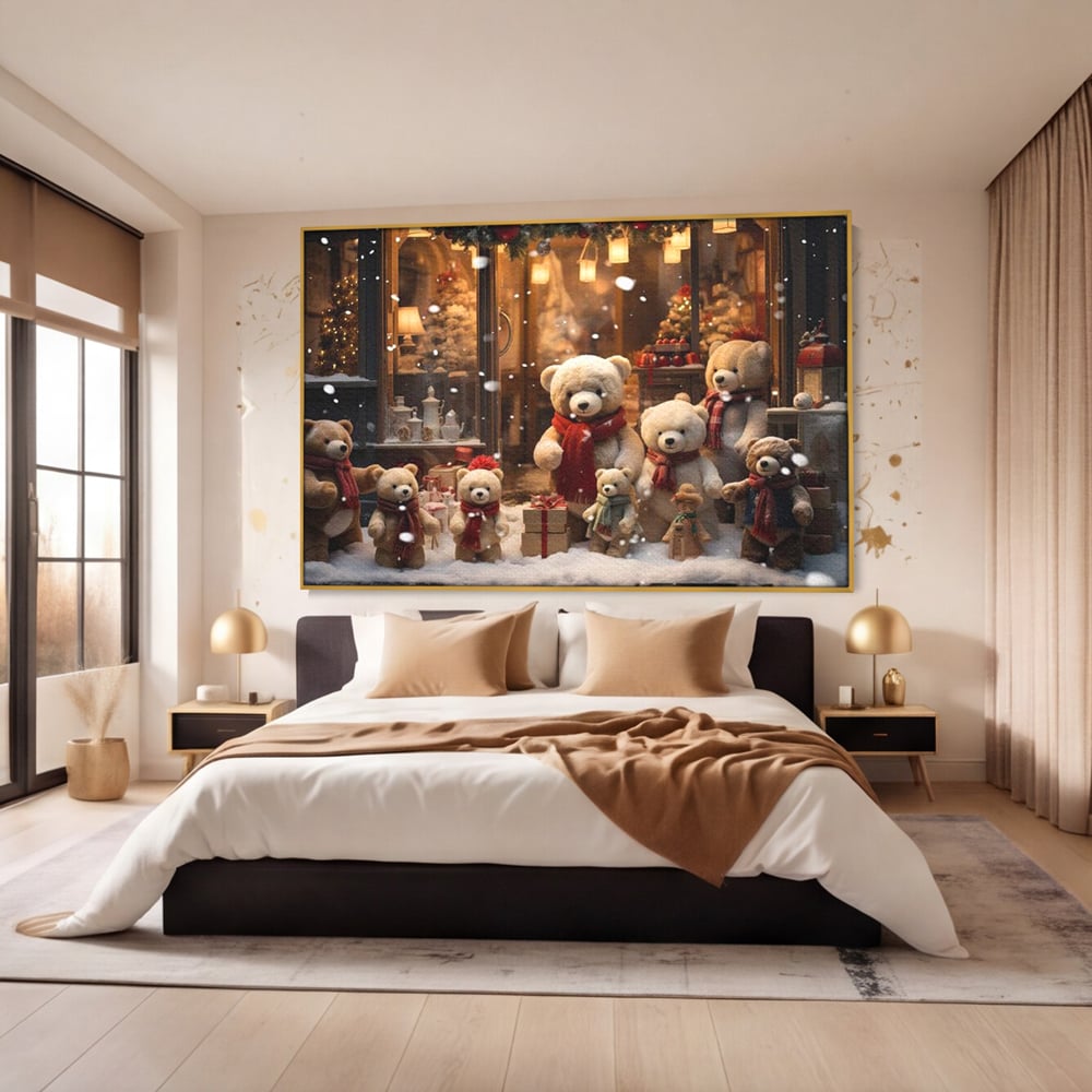 Tablou Canvas Premium LuxCanva® D1024, Craciunul Ursilor Polari , Ursi, Familie, Frati, Magazin, Felinare, Living Room, Culori vibrante