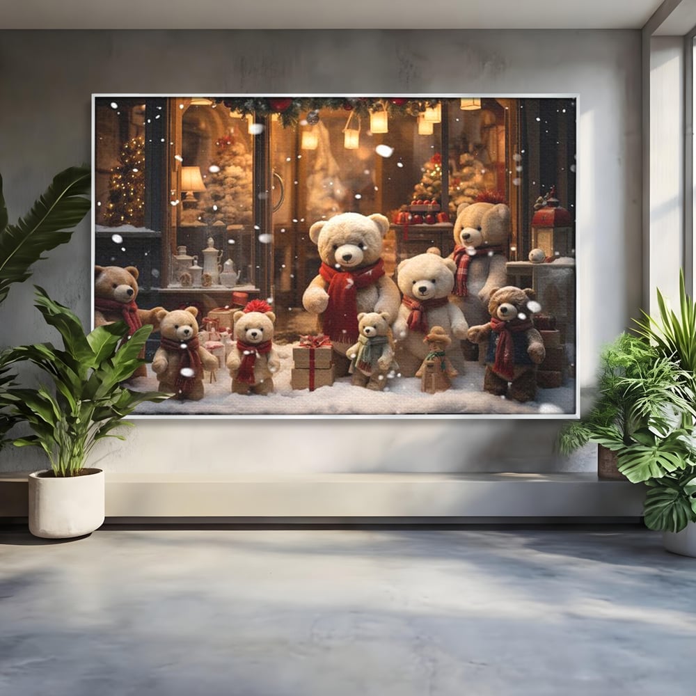 Tablou Canvas Premium LuxCanva® D1024, Craciunul Ursilor Polari , Ursi, Familie, Frati, Magazin, Felinare, Living Room, Culori vibrante