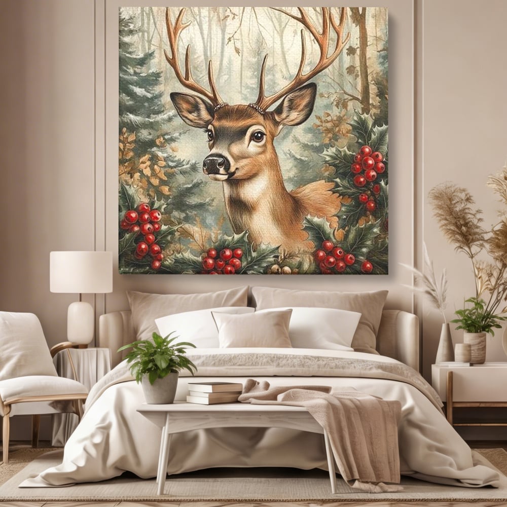 Tablou Canvas Premium LuxCanva® D1025, Cerbul din Padurea Magica ,Brazi, Cerb, Animal, Salbatic, Padure, Living Room, Culori vibrante