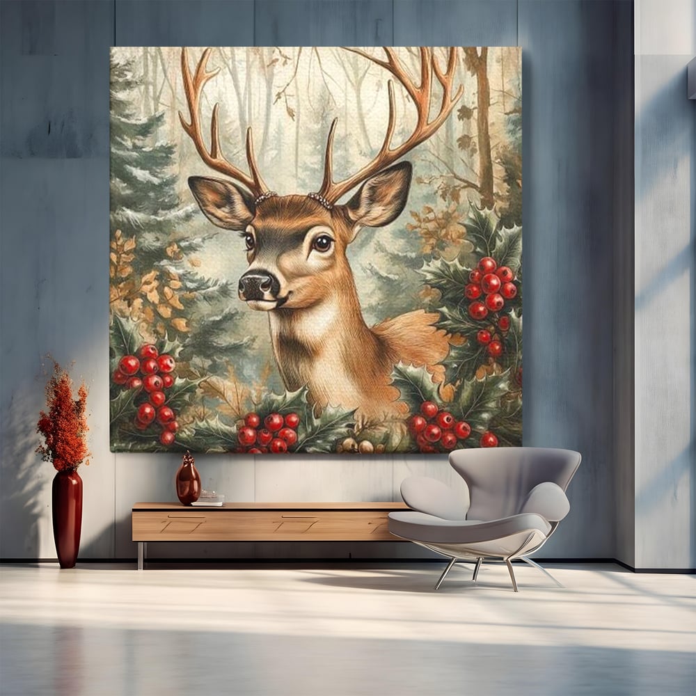 Tablou Canvas Premium LuxCanva® D1025, Cerbul din Padurea Magica ,Brazi, Cerb, Animal, Salbatic, Padure, Living Room, Culori vibrante