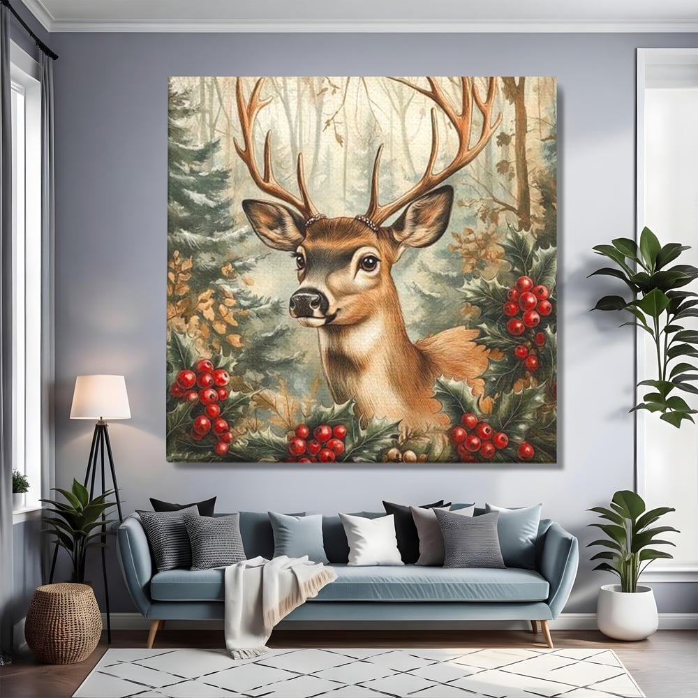 Tablou Canvas Premium LuxCanva® D1025, Cerbul din Padurea Magica ,Brazi, Cerb, Animal, Salbatic, Padure, Living Room, Culori vibrante