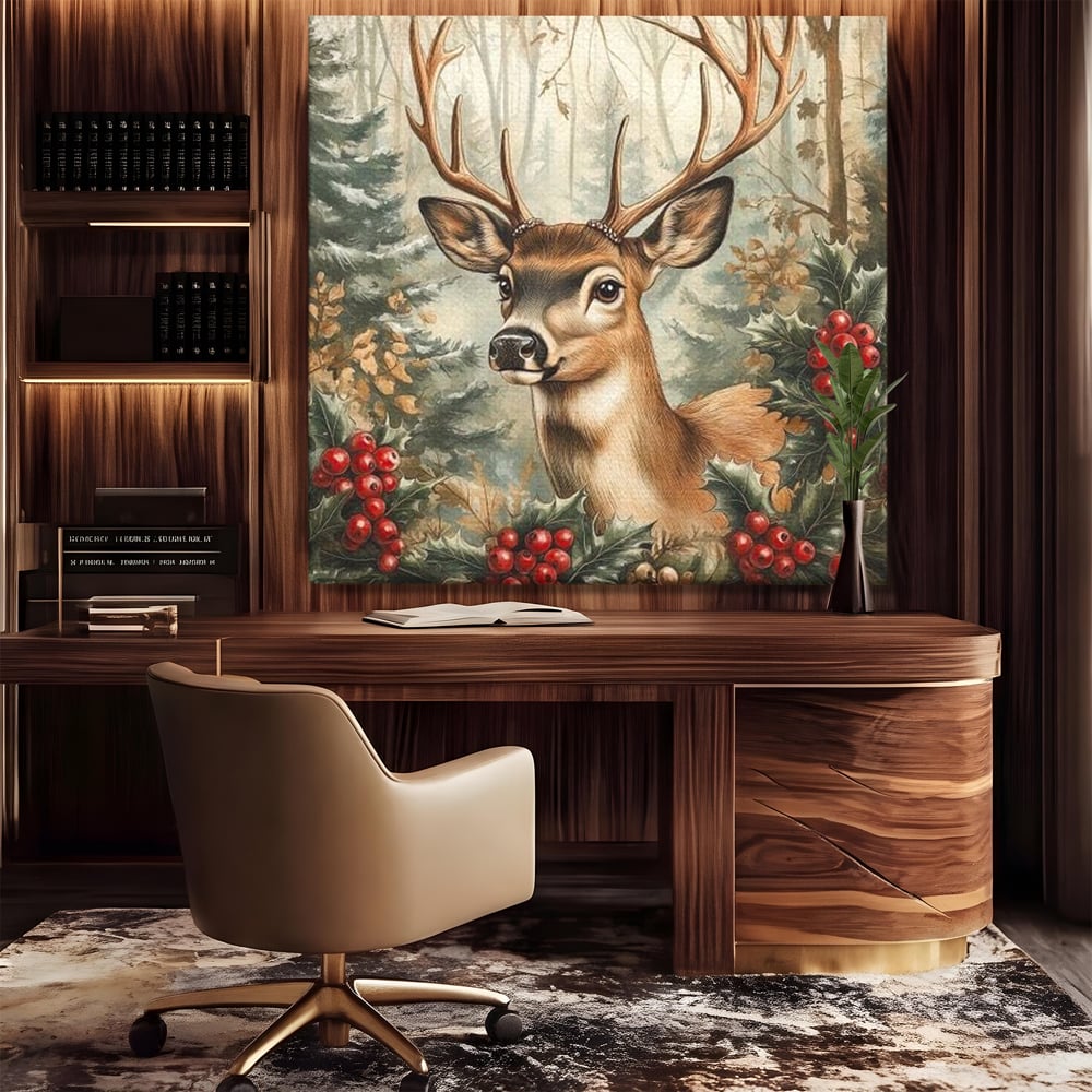 Tablou Canvas Premium LuxCanva® D1025, Cerbul din Padurea Magica ,Brazi, Cerb, Animal, Salbatic, Padure, Living Room, Culori vibrante