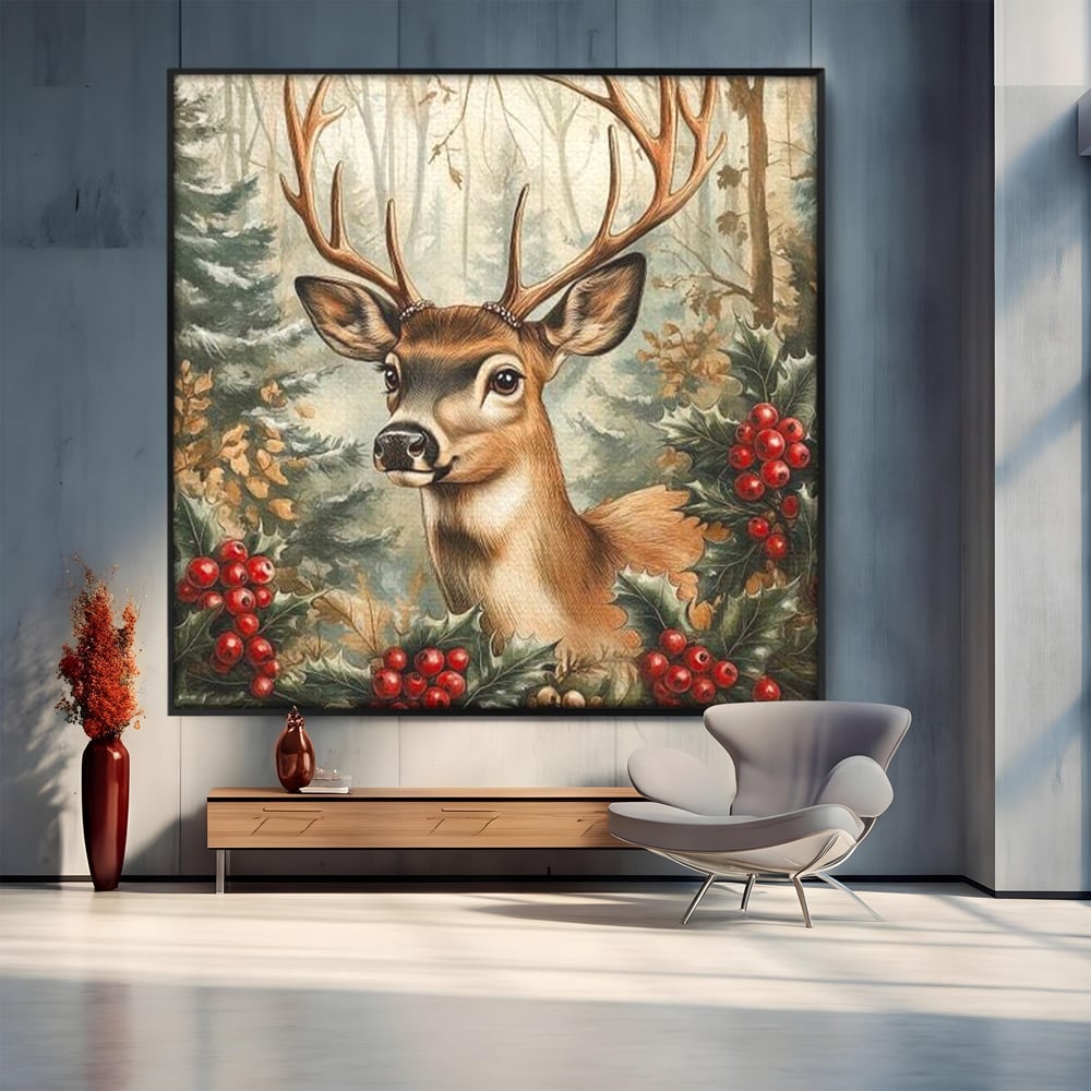Tablou Canvas Premium LuxCanva® D1025, Cerbul din Padurea Magica ,Brazi, Cerb, Animal, Salbatic, Padure, Living Room, Culori vibrante