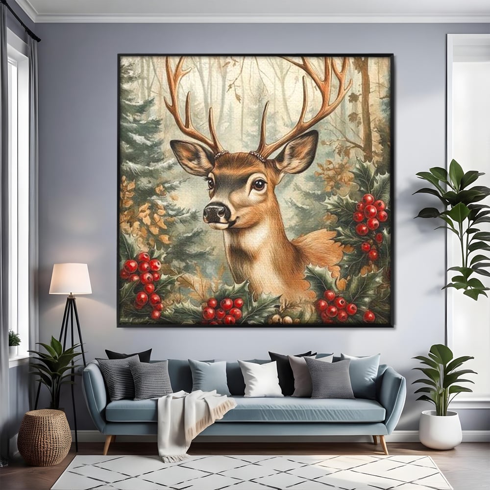 Tablou Canvas Premium LuxCanva® D1025, Cerbul din Padurea Magica ,Brazi, Cerb, Animal, Salbatic, Padure, Living Room, Culori vibrante