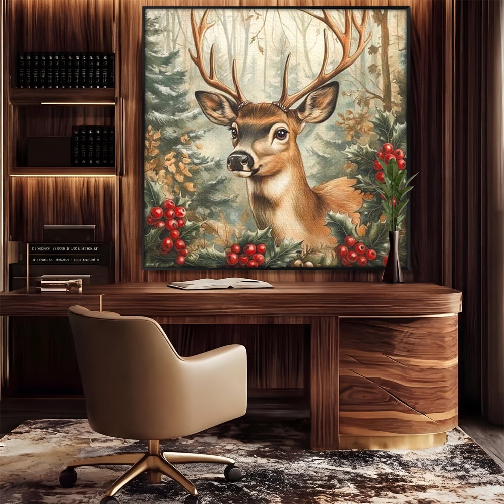 Tablou Canvas Premium LuxCanva® D1025, Cerbul din Padurea Magica ,Brazi, Cerb, Animal, Salbatic, Padure, Living Room, Culori vibrante