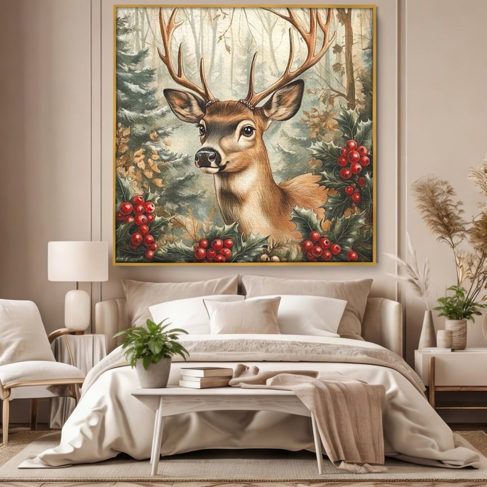 Tablou Canvas Premium LuxCanva® D1025, Cerbul din Padurea Magica ,Brazi, Cerb, Animal, Salbatic, Padure, Living Room, Culori vibrante