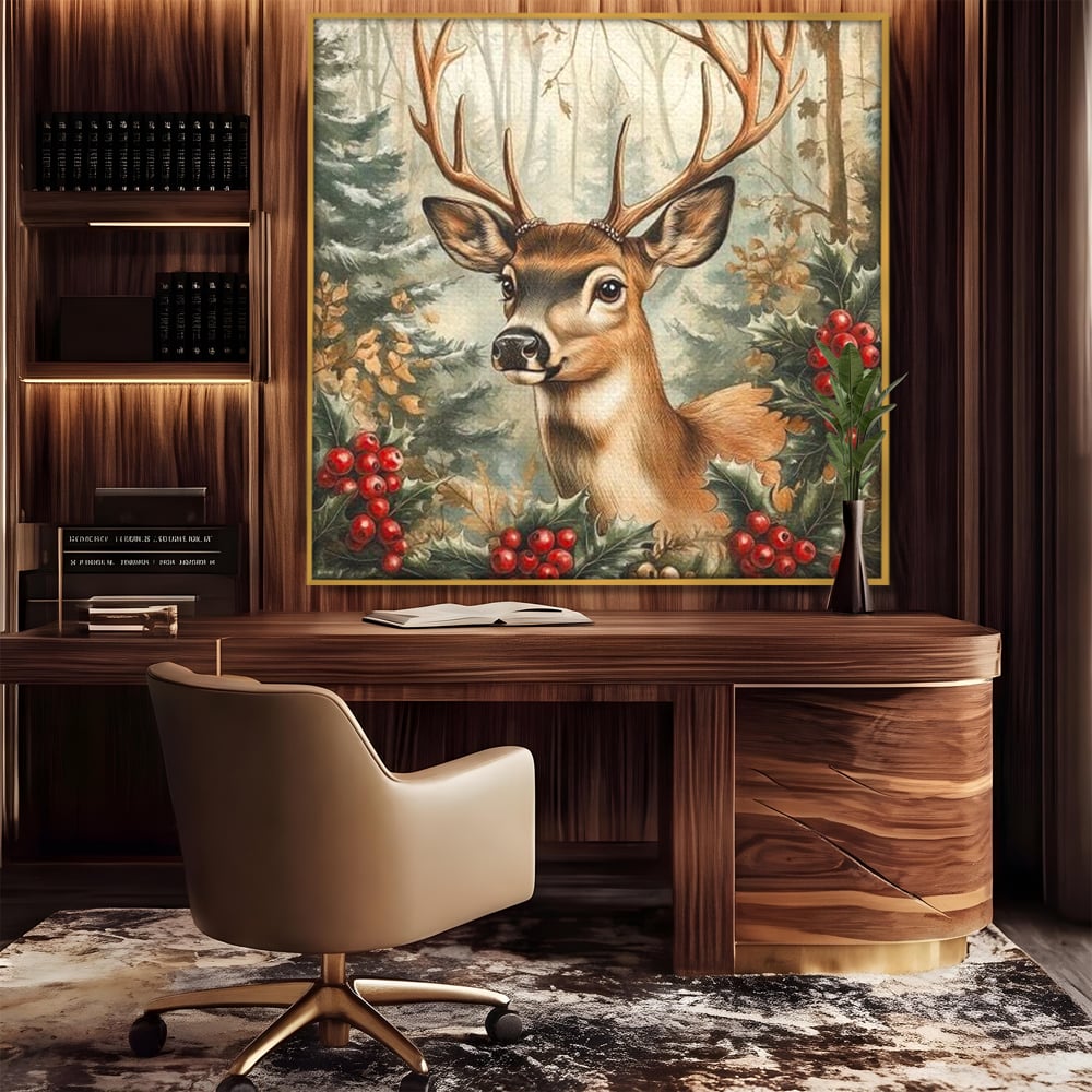 Tablou Canvas Premium LuxCanva® D1025, Cerbul din Padurea Magica ,Brazi, Cerb, Animal, Salbatic, Padure, Living Room, Culori vibrante