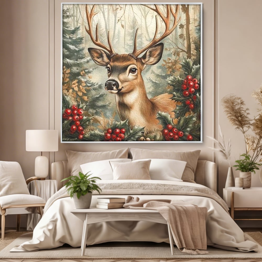 Tablou Canvas Premium LuxCanva® D1025, Cerbul din Padurea Magica ,Brazi, Cerb, Animal, Salbatic, Padure, Living Room, Culori vibrante