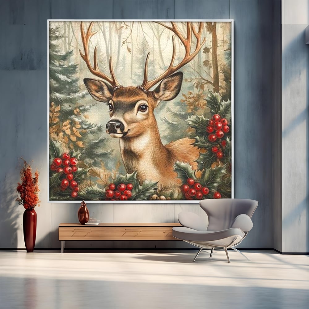 Tablou Canvas Premium LuxCanva® D1025, Cerbul din Padurea Magica ,Brazi, Cerb, Animal, Salbatic, Padure, Living Room, Culori vibrante