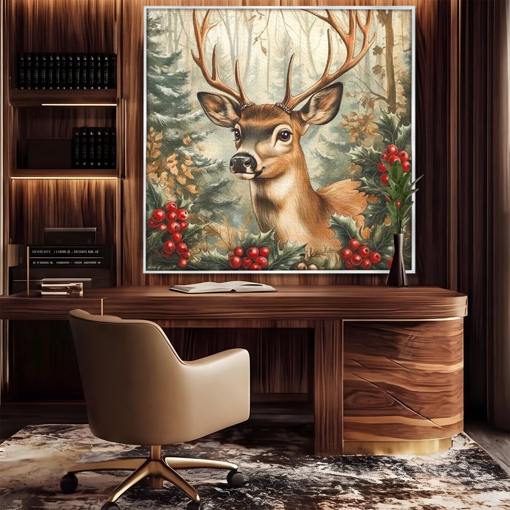 Tablou Canvas Premium LuxCanva® D1025, Cerbul din Padurea Magica ,Brazi, Cerb, Animal, Salbatic, Padure, Living Room, Culori vibrante