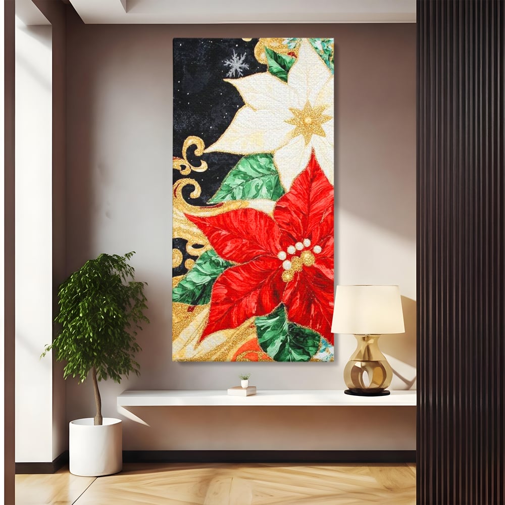 Leinwand Wandkunst Canvas Premium LuxCanva® D1026, Weihnachtsarrangement, Blumen, Weihnachten, Rot, Weiß, Dekor, Wohnzimmer, Lebendige Farben