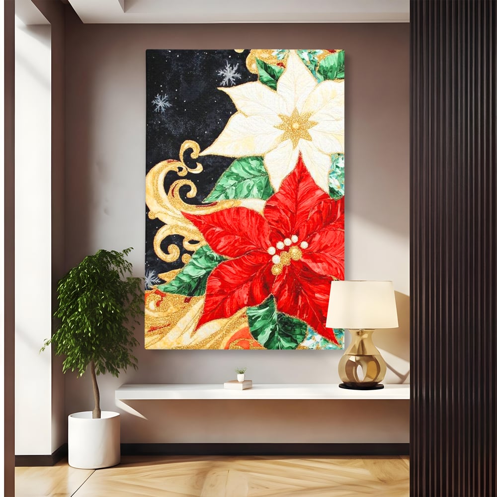 Leinwand Wandkunst Canvas Premium LuxCanva® D1026, Weihnachtsarrangement, Blumen, Weihnachten, Rot, Weiß, Dekor, Wohnzimmer, Lebendige Farben