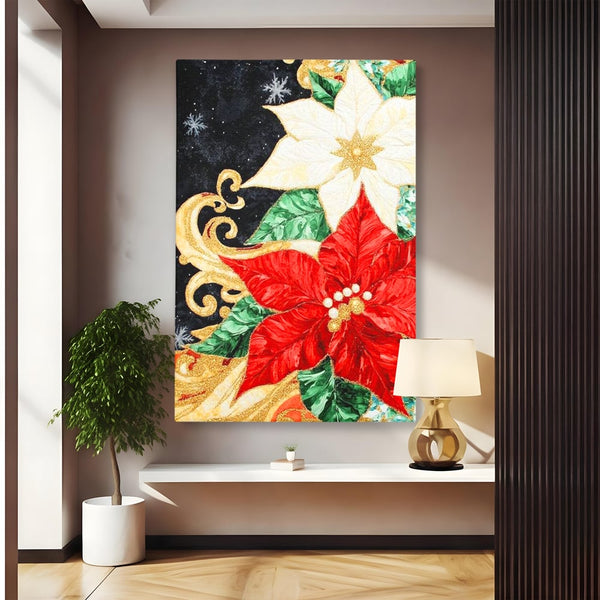 Leinwand Wandkunst Canvas Premium LuxCanva® D1026, Weihnachtsarrangement, Blumen, Weihnachten, Rot, Weiß, Dekor, Wohnzimmer, Lebendige Farben