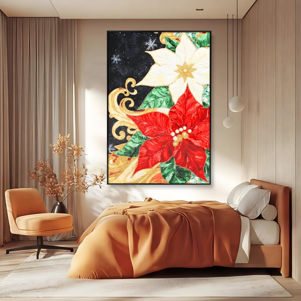 Leinwand Wandkunst Canvas Premium LuxCanva® D1026, Weihnachtsarrangement, Blumen, Weihnachten, Rot, Weiß, Dekor, Wohnzimmer, Lebendige Farben