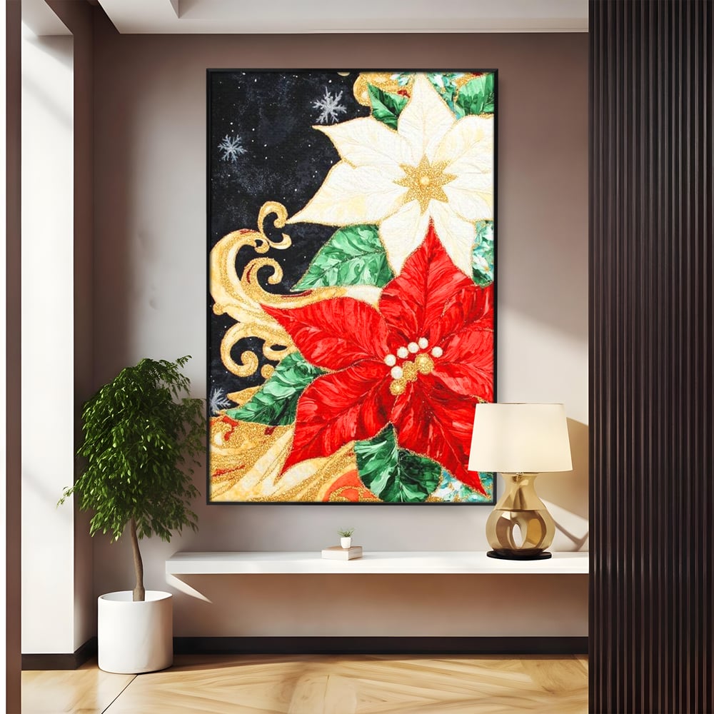 Leinwand Wandkunst Canvas Premium LuxCanva® D1026, Weihnachtsarrangement, Blumen, Weihnachten, Rot, Weiß, Dekor, Wohnzimmer, Lebendige Farben